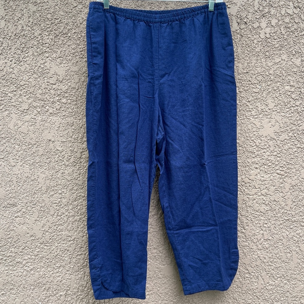 Susan Graver Linen Pants Women 1X Blue Relaxed Fit Lightweight‎ Summer